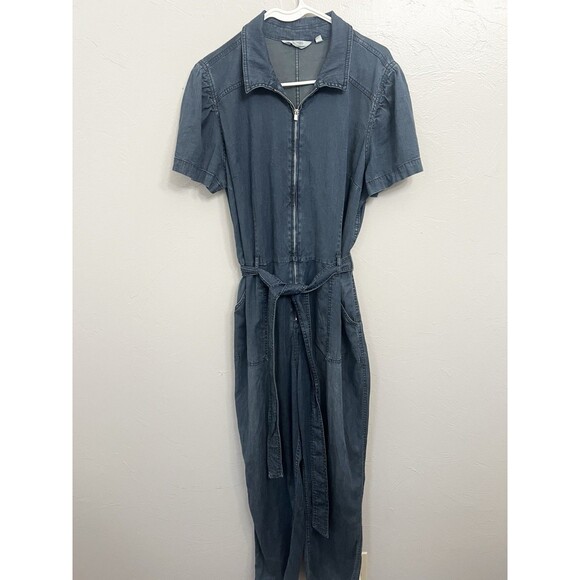 Candace Cameron Bure Tencel Denim Jumpsuit Dark Rinse Large Wide Leg New Tie QVC - Picture 2 of 9